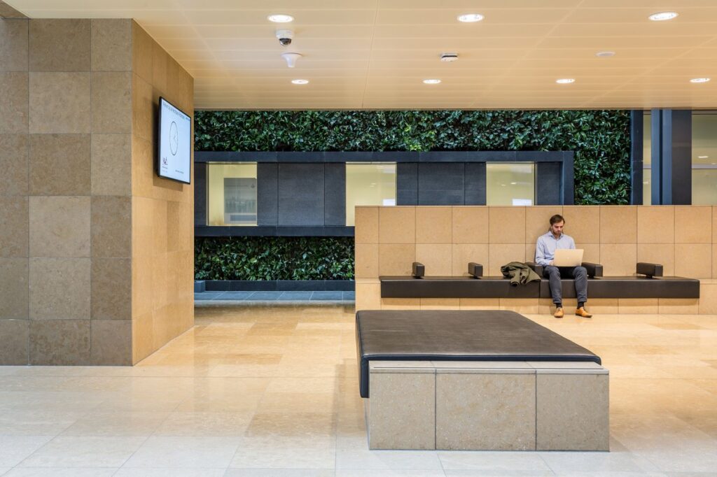 Interior design with natural stone and mezzanine