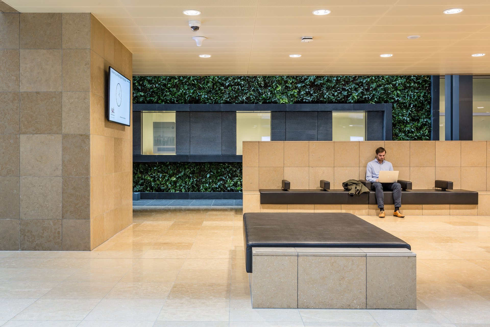 Interior design with natural stone and mezzanine