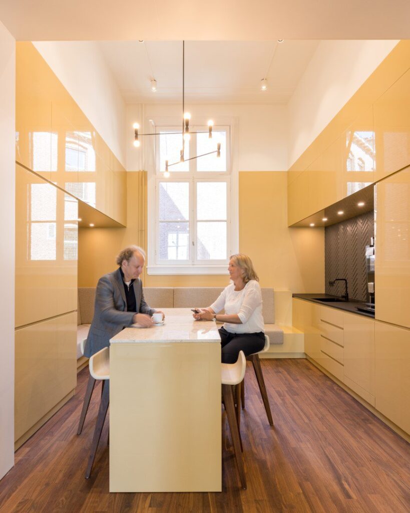 Restored courtroom with parquet flooring