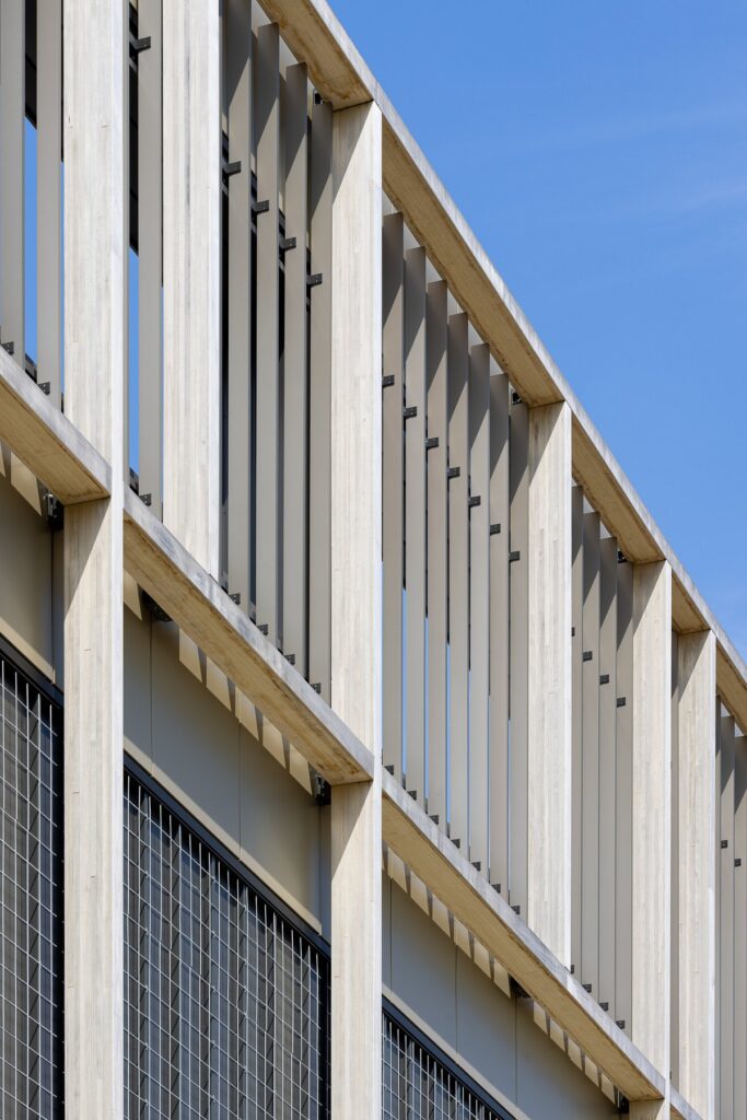 Facade of the Food Science Centre with wooden grid and plants