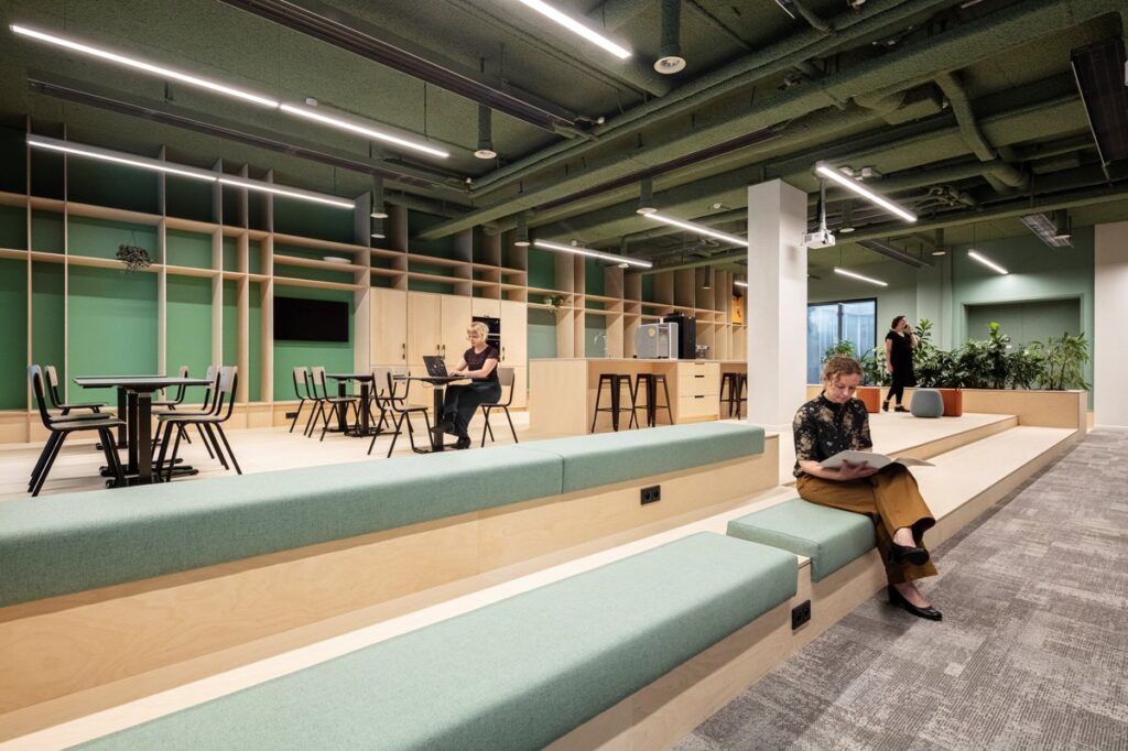 Work cafe with green courtyards and dynamic interior