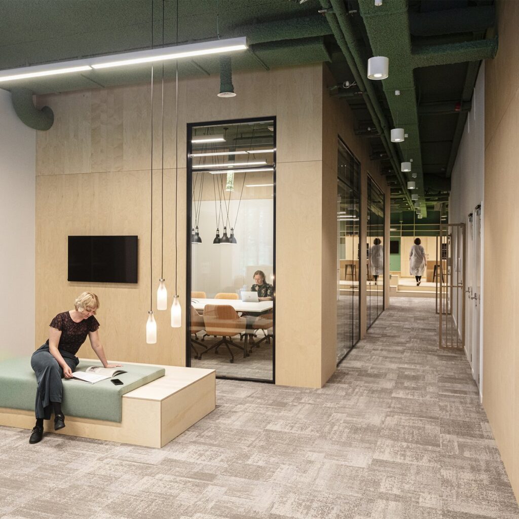 Interior design with green acoustic ceiling inspired by grasslands