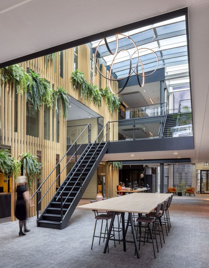 Interior design with wooden elements and greenery