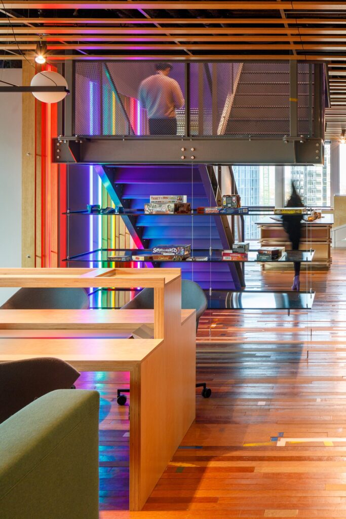 Workspace in Google Amsterdam office with custom lighting